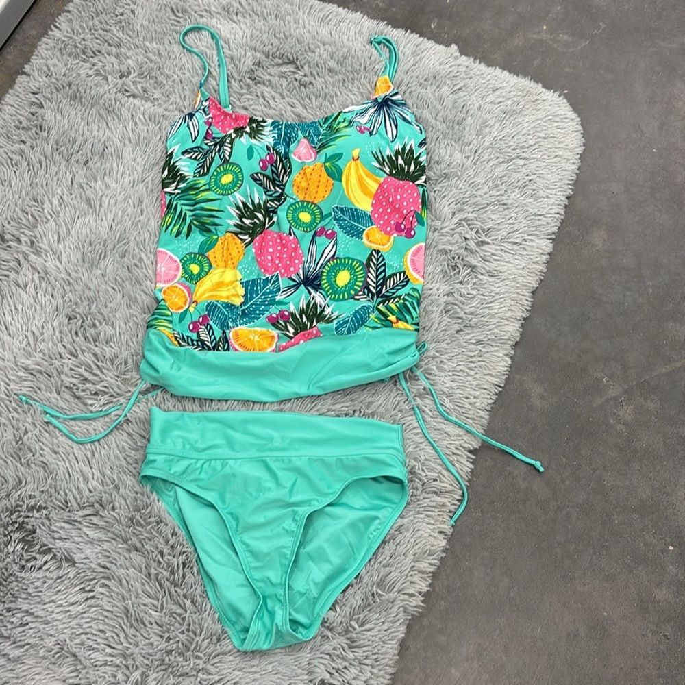 NWT Caribbean Joe Aqua Tropical Fruit Print Tankini with Solid Aqua Bottoms